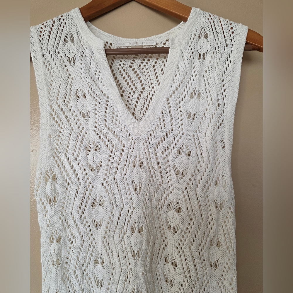 Boston Proper Crochet Tunic Tank L Boho V-Neck Open Knit Swim Cover Up Festival - Picture 2 of 10